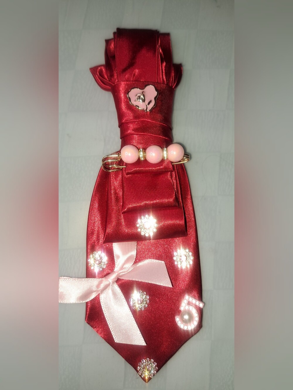 red satin necktie necklace with Pink Bead Accents